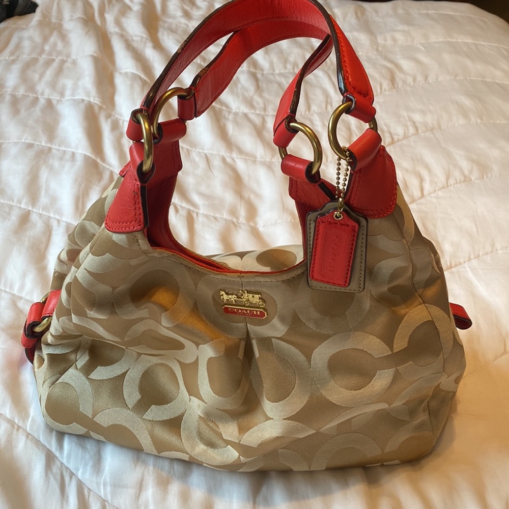 100% Authentic Coach Bag Coral (orange/red/pink) and Tan